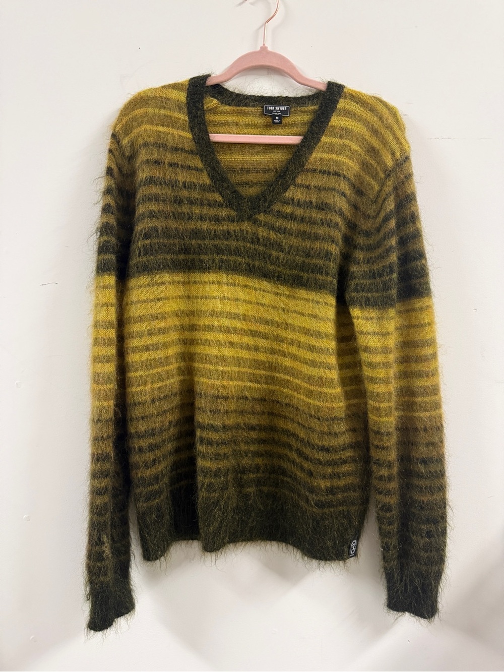 Todd Snyder Yellow and Olive Mohair Striped V-Neck Sweater